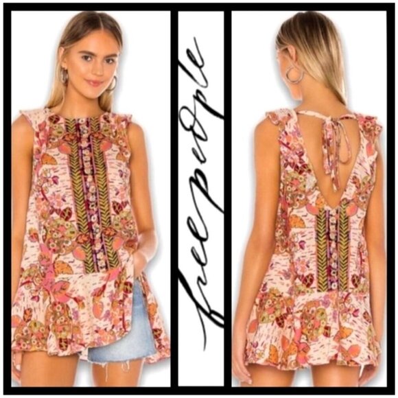 Free‎ People Shirt Women XS Pink Floral Print Linen Blend Summer In Tulum Boho - Picture 1 of 11